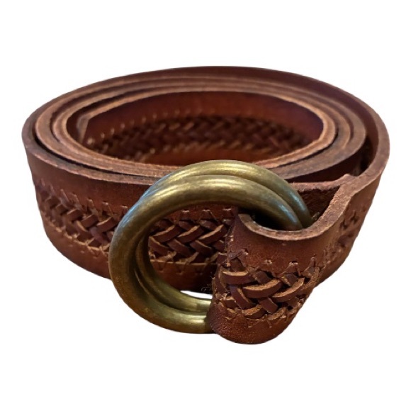 J. Crew Vintage Braided Brown Leather Brass Double O Ring Belt - Picture 3 of 4